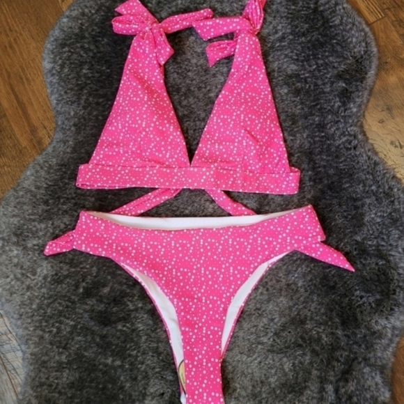 New Pink Print V-plunge Triangle Bralette Bikini Set Swimsuit Size M - Picture 5 of 7